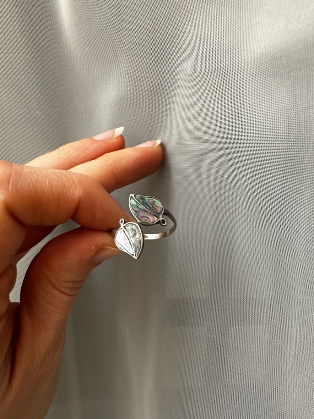 Sterling Silver Abalone Leaf Open Ring - Multicolor Mexico Adjustable Size 6-8